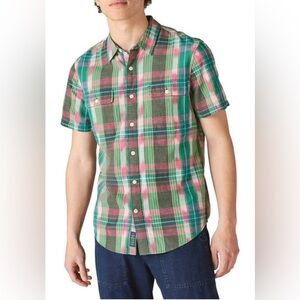 Lucky Brand shirt men’s size XL short sleeve green & pink‎ plaid cotton shirt